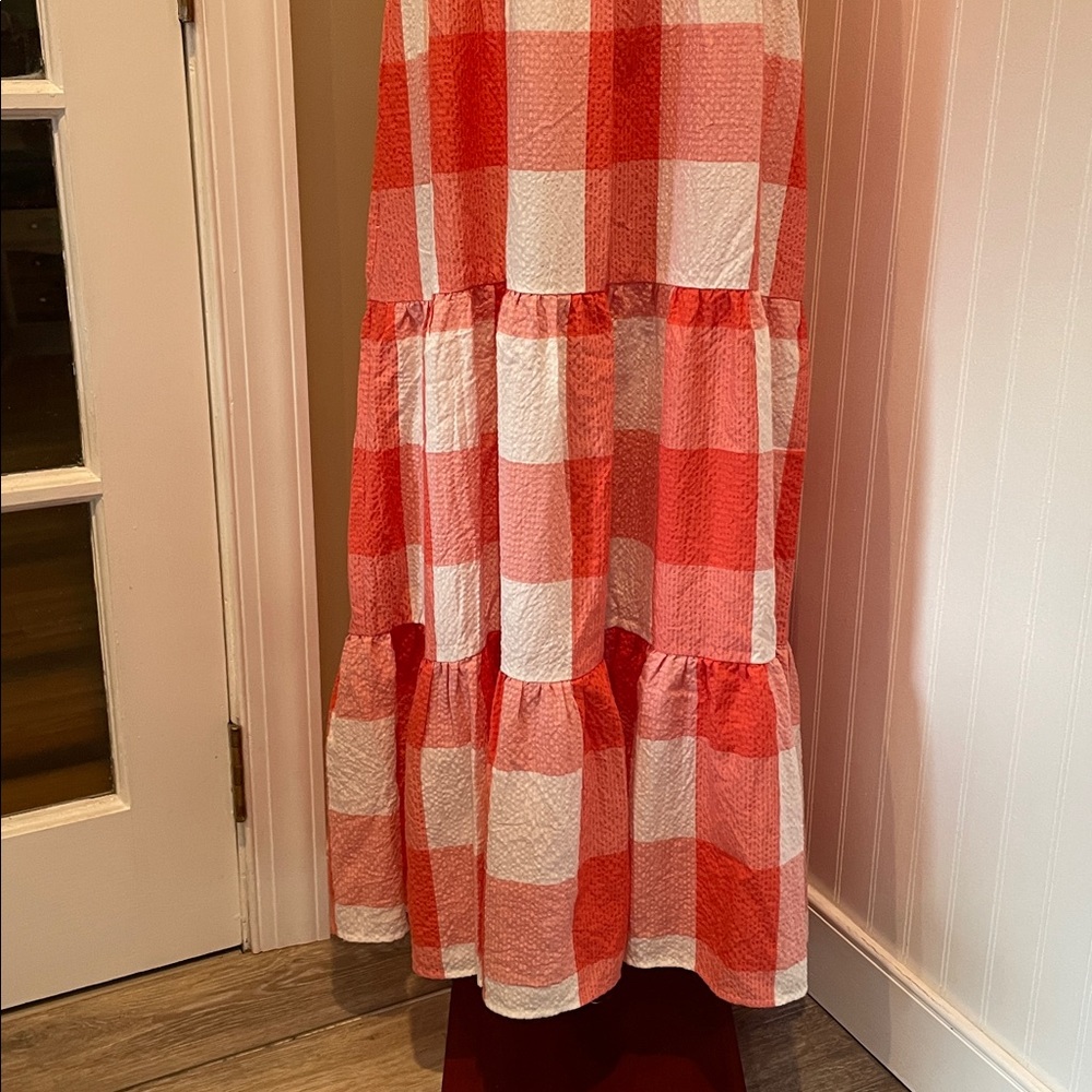 LOU & GREY Gingham Check Tiered Tank Midi Smocked Dress in Coral/White Size L - Picture 4 of 11
